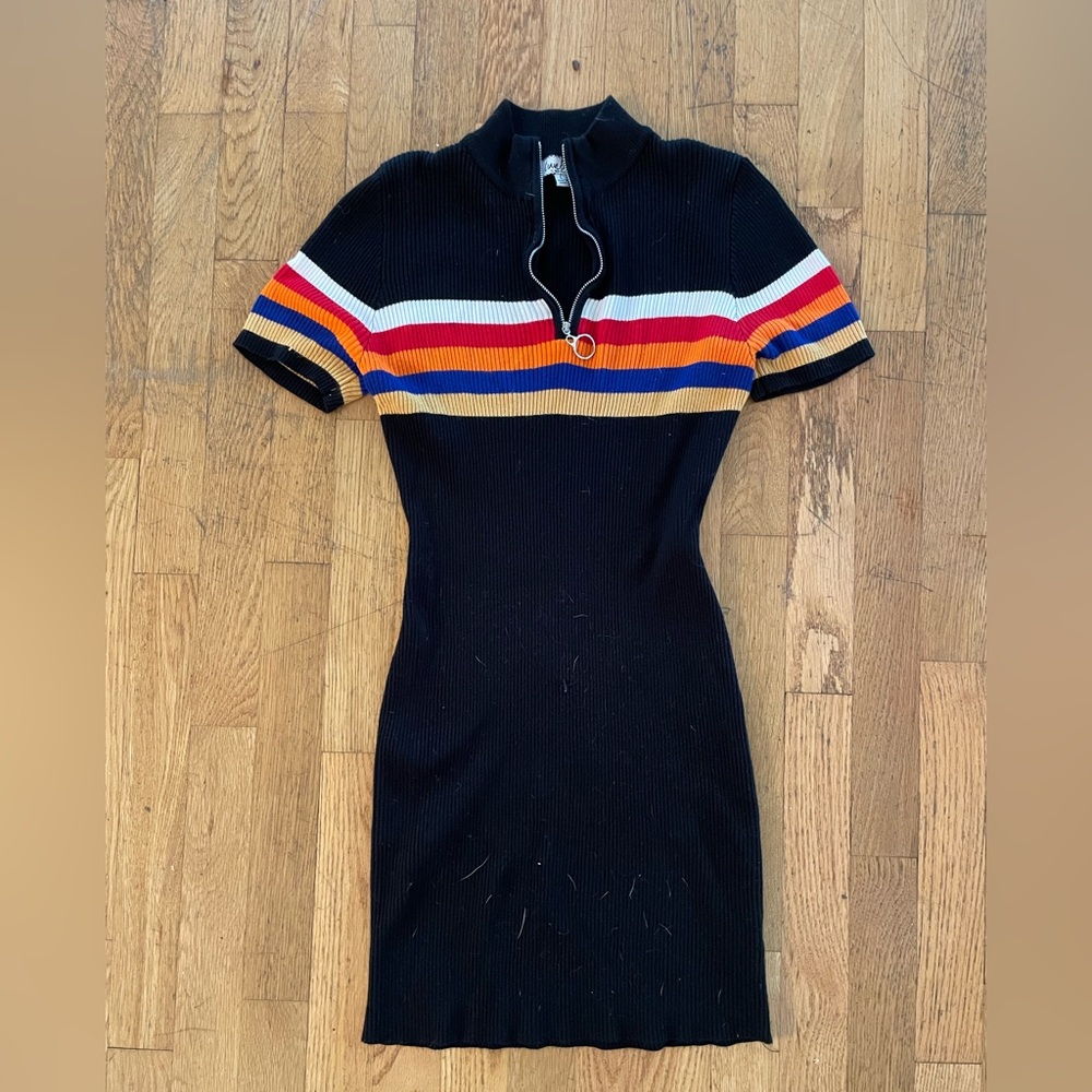 Black Knit Short-Sleeve Zip-Front Dress with Multi-Color Stripes